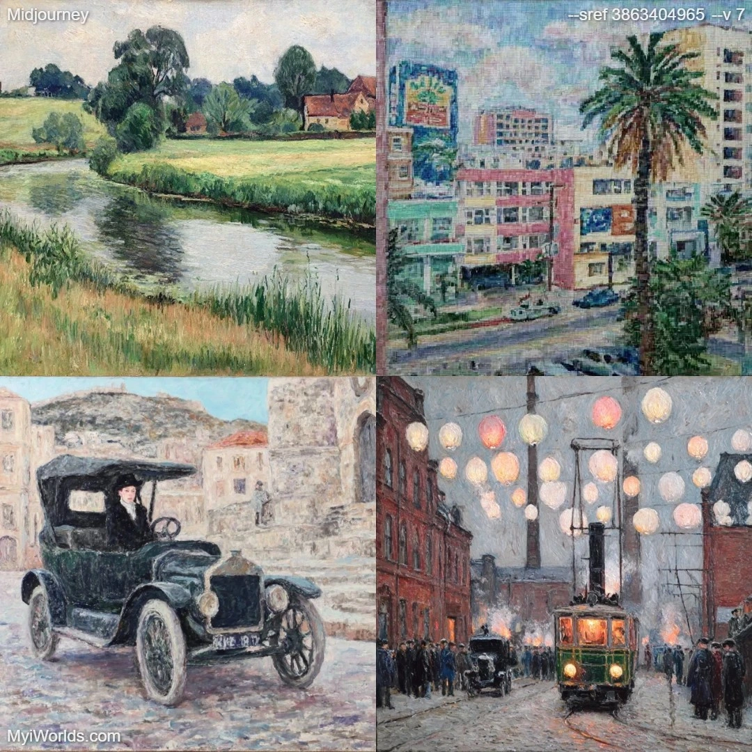 Realistic mixed media urban landscape painting with detailed composition.