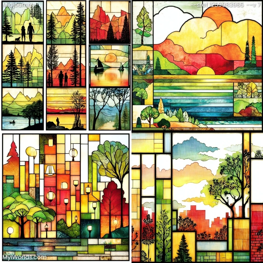Stained-glass-with-nature-themes,-featuring-a-colorful-and-lightweight-style.