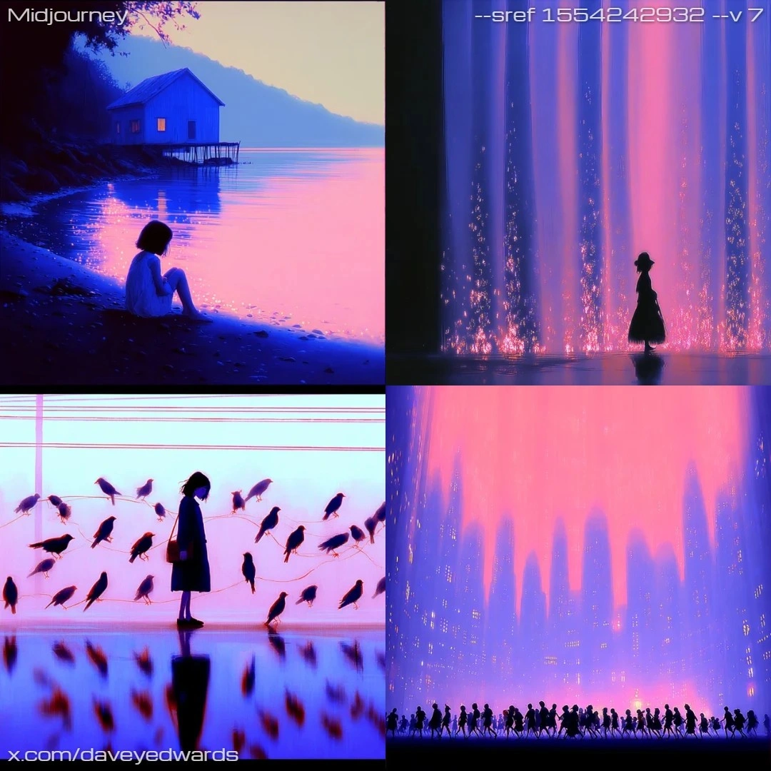 Surrealism with a nighttime, ethereal atmosphere featuring pink-toned lighting.