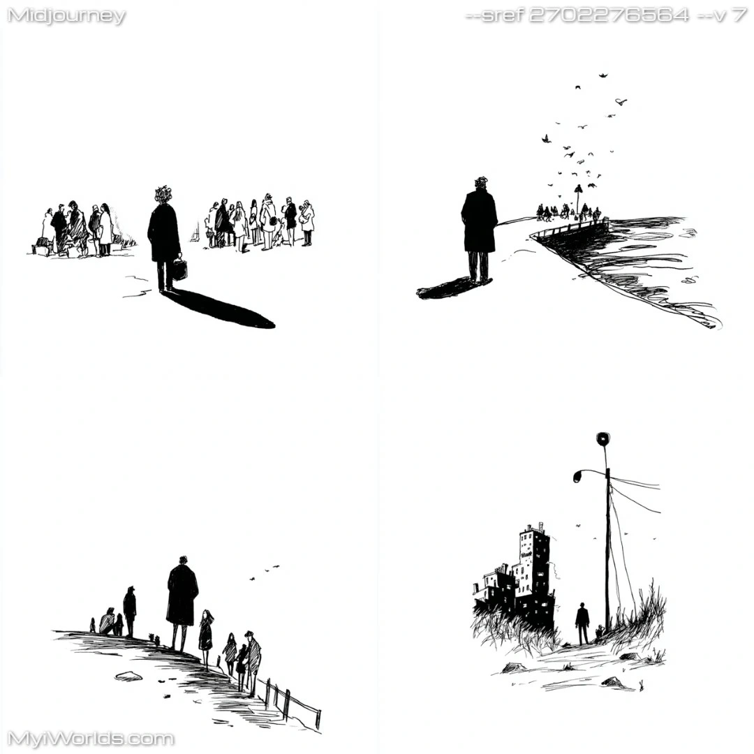 Monochromatic-graphic-art-with-linear-perspective-and-silhouette-of-a-figure-in-the-foreground.