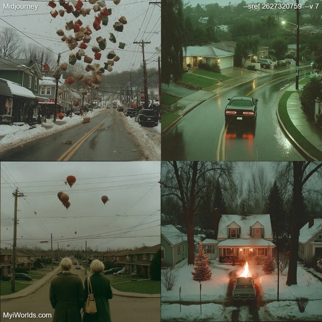 Colored photography of an urban landscape with wet streets and a grayscale palette.