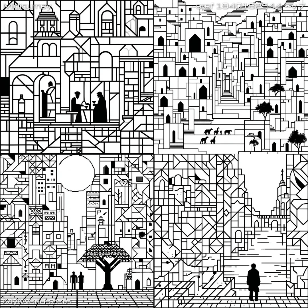 Black-and-white-line-art-representing-an-urban-landscape-with-monochromatic-tones.