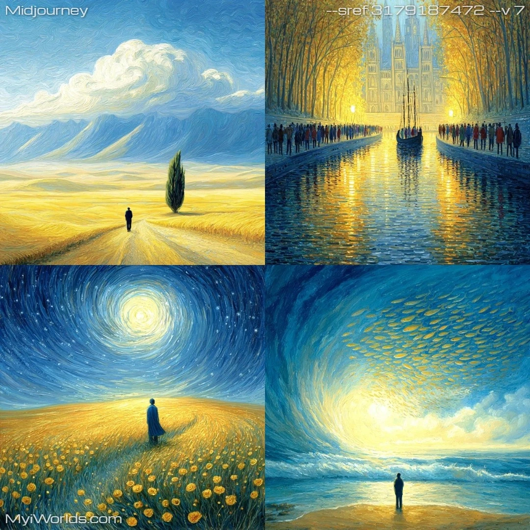 Realistic landscape painting capturing twilight with vibrant colors.