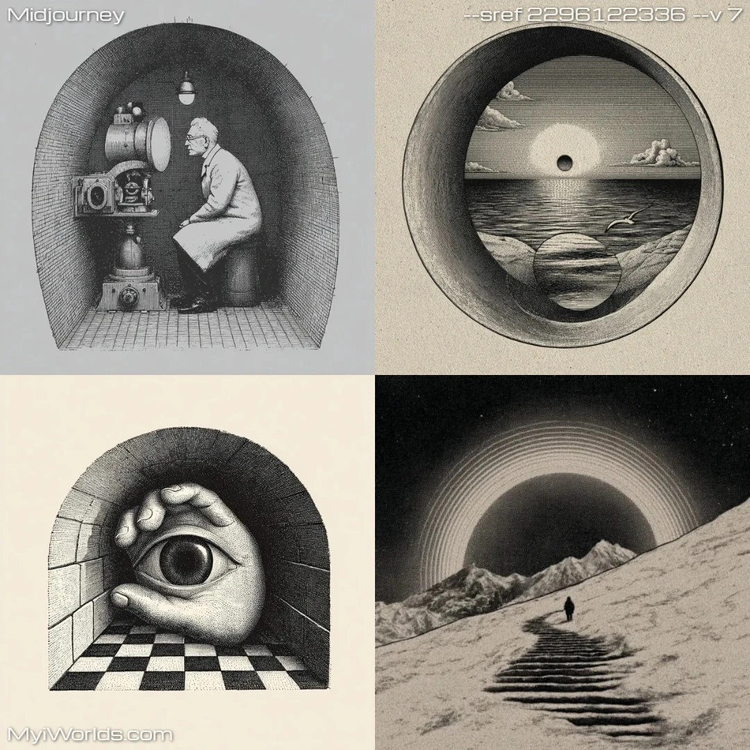 Surrealistic art with a limited color palette and intricate detailing, utilizing circular vignettes.