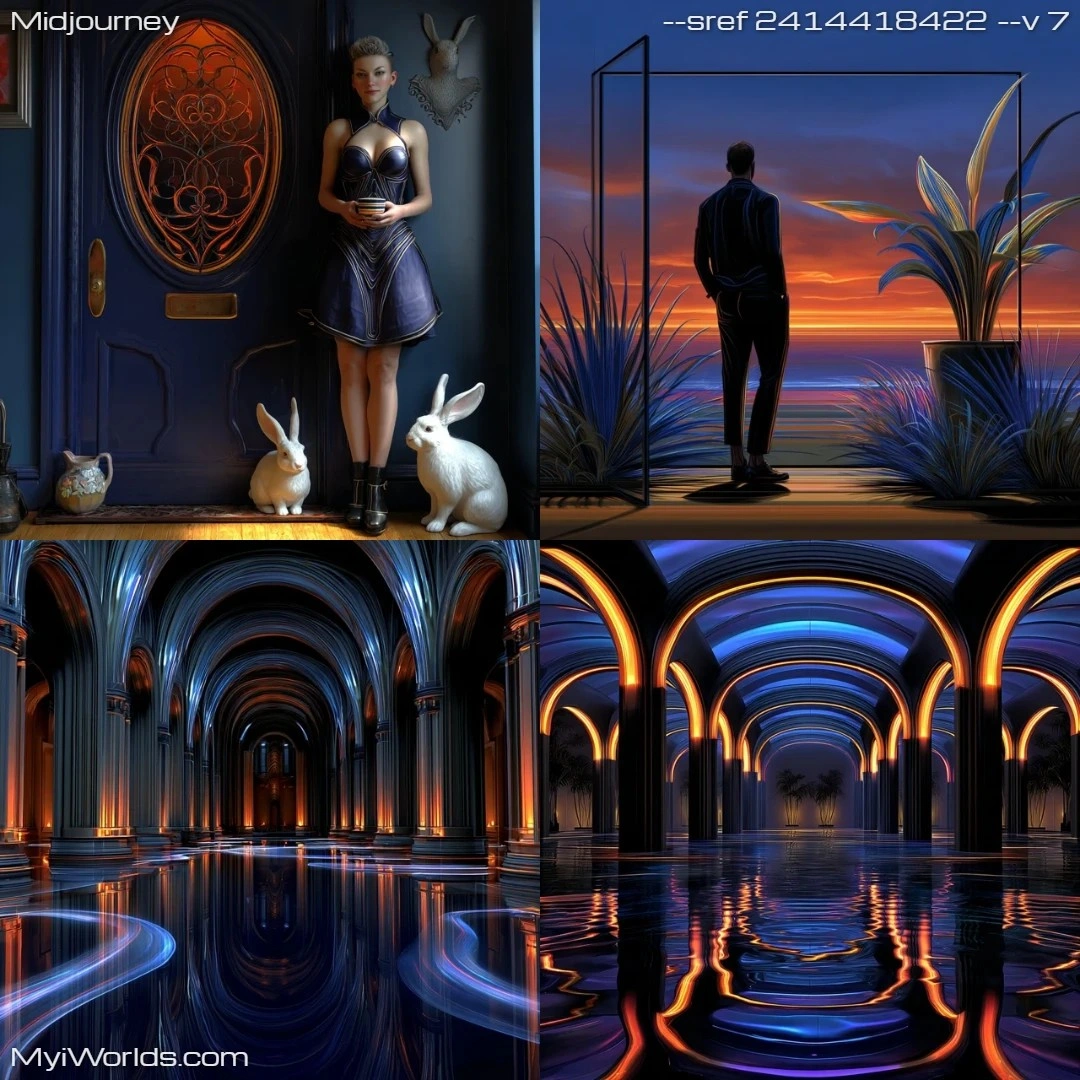Surrealistic art with neon lighting, high contrast and reflections in a dark setting.