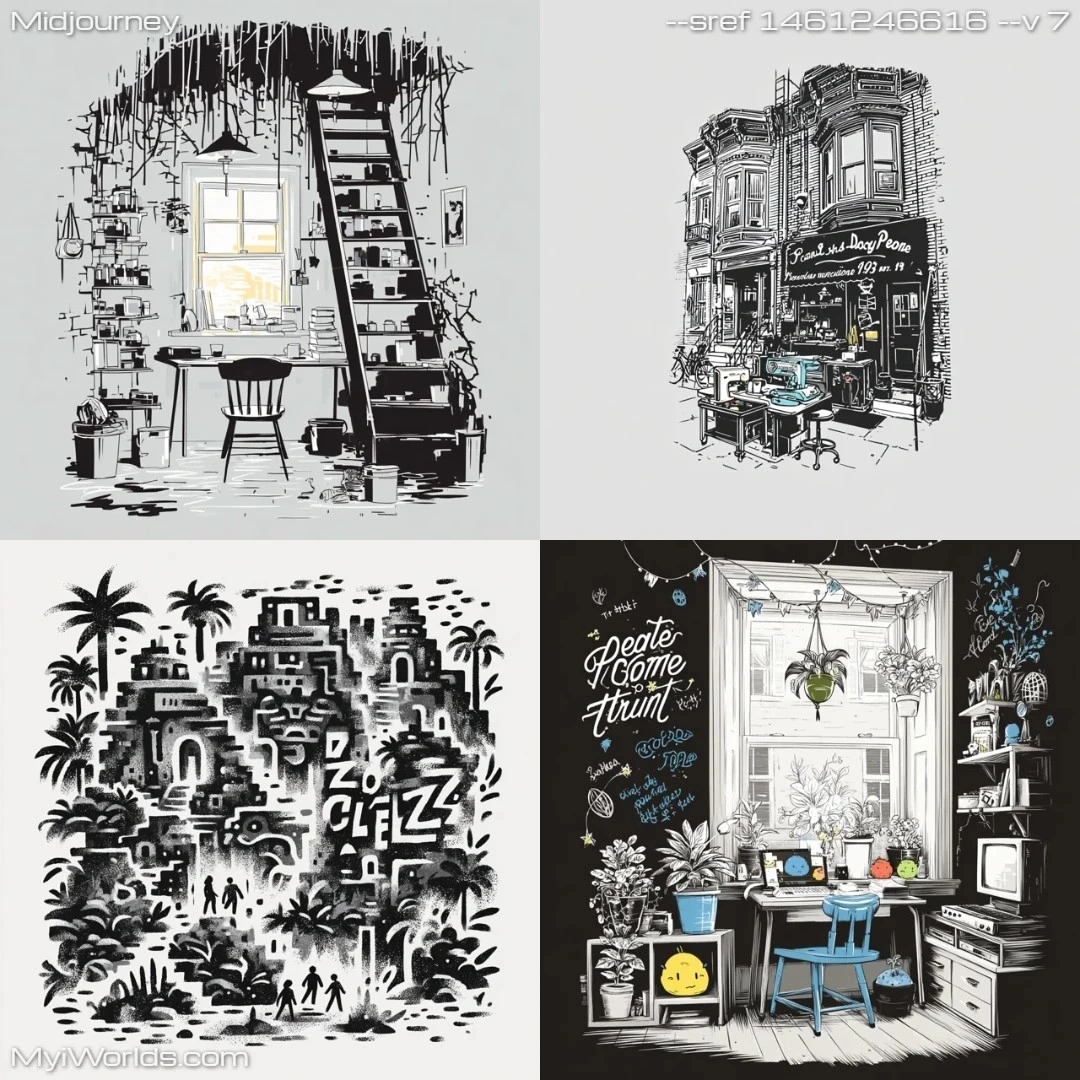 Monochromatic detailed line work with layered compositions and a muted color palette.