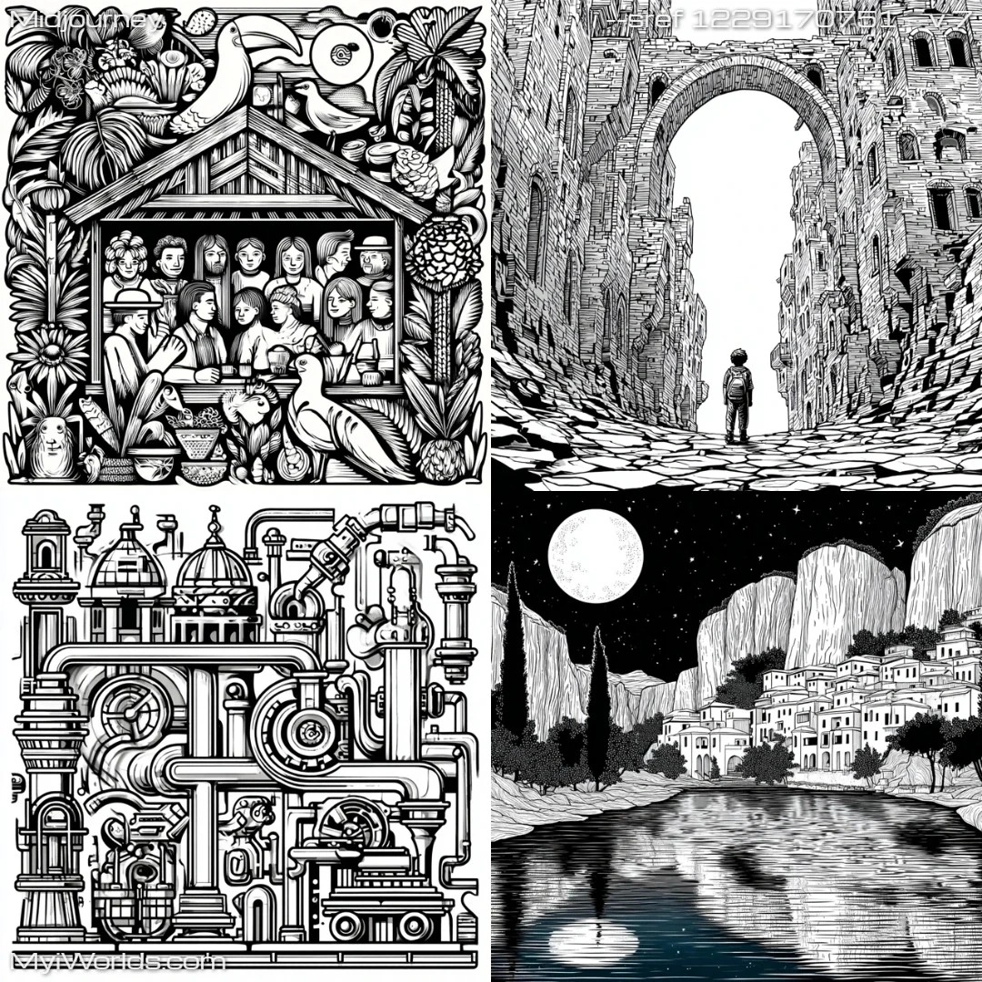 Black and white detailed linework capturing an urban landscape featuring historic buildings.