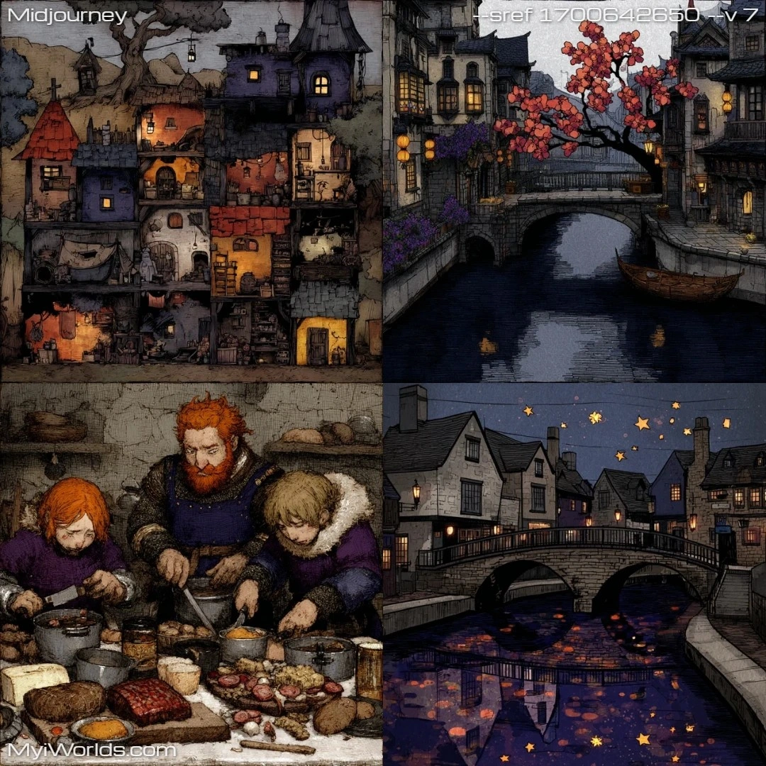 Detailed illustration with a muted palette, depicting a medieval townscape at night.
