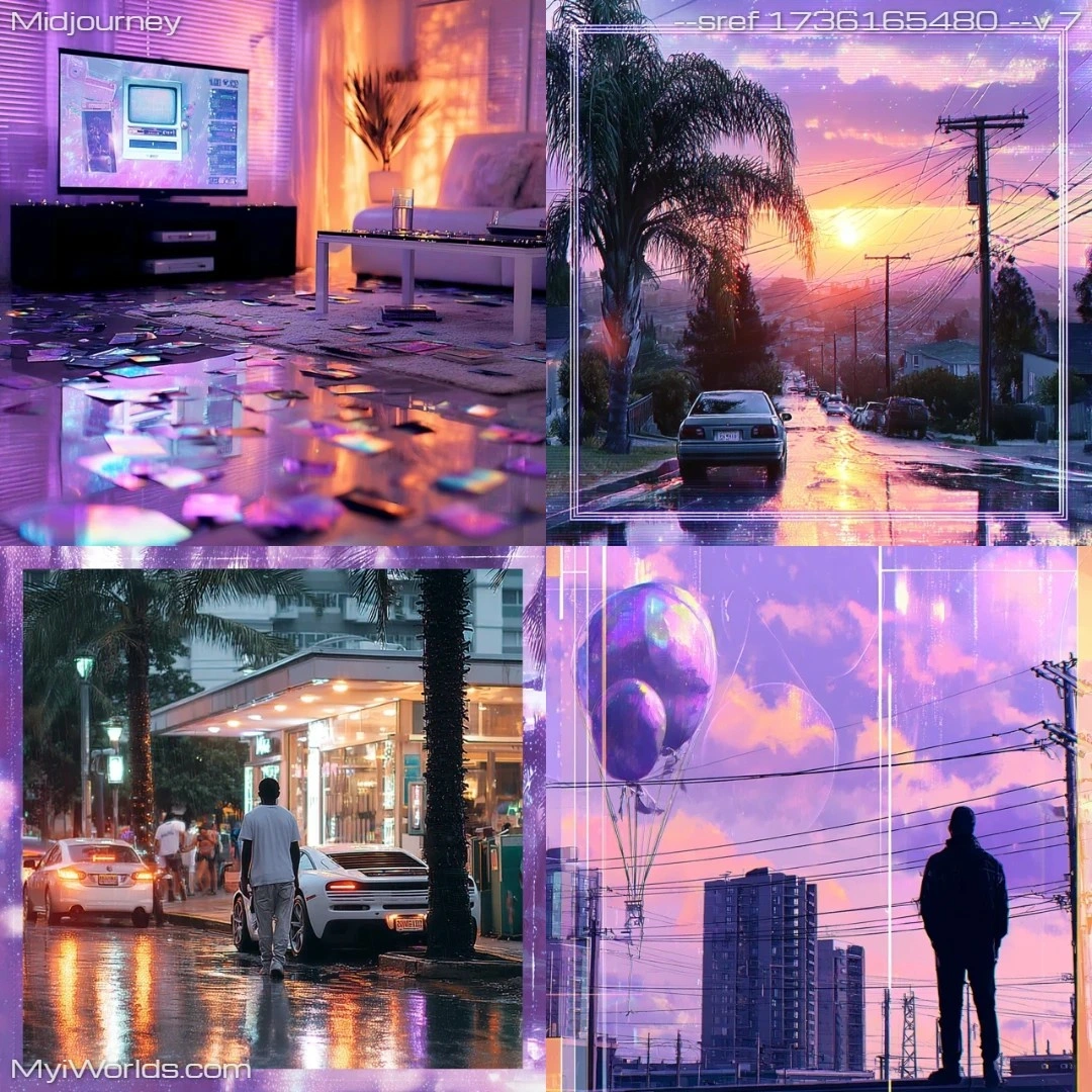 Digital art depicting an urban landscape with a dream-like atmosphere and cool, muted tones.