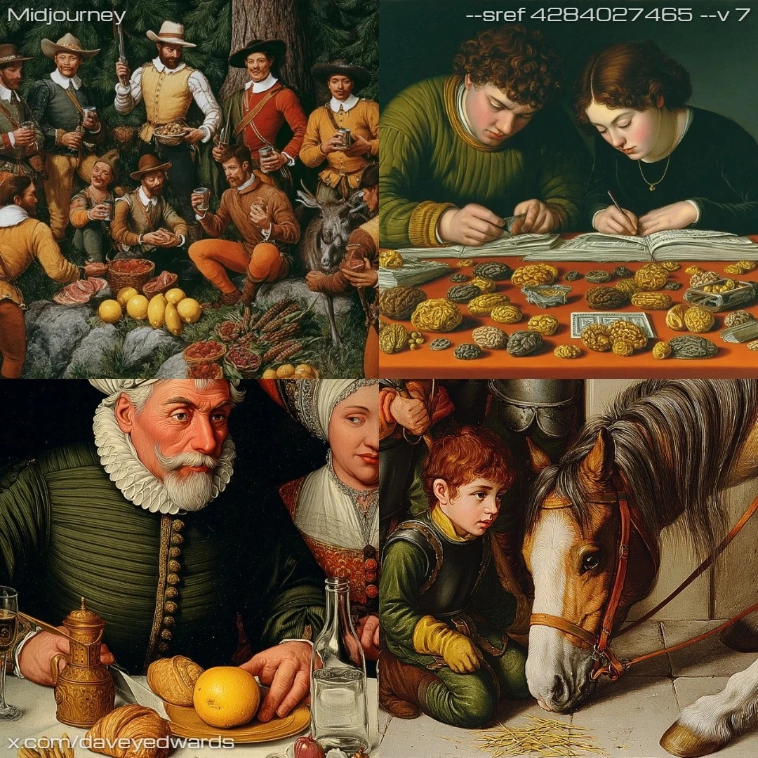 Realistic painting with detailed light-and-shadow, showcasing an elaborate scene.