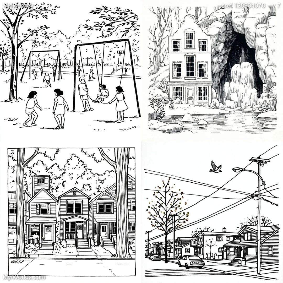 Community sketch with black-and-white pencil, capturing a nostalgic atmosphere in urban neighborhood.