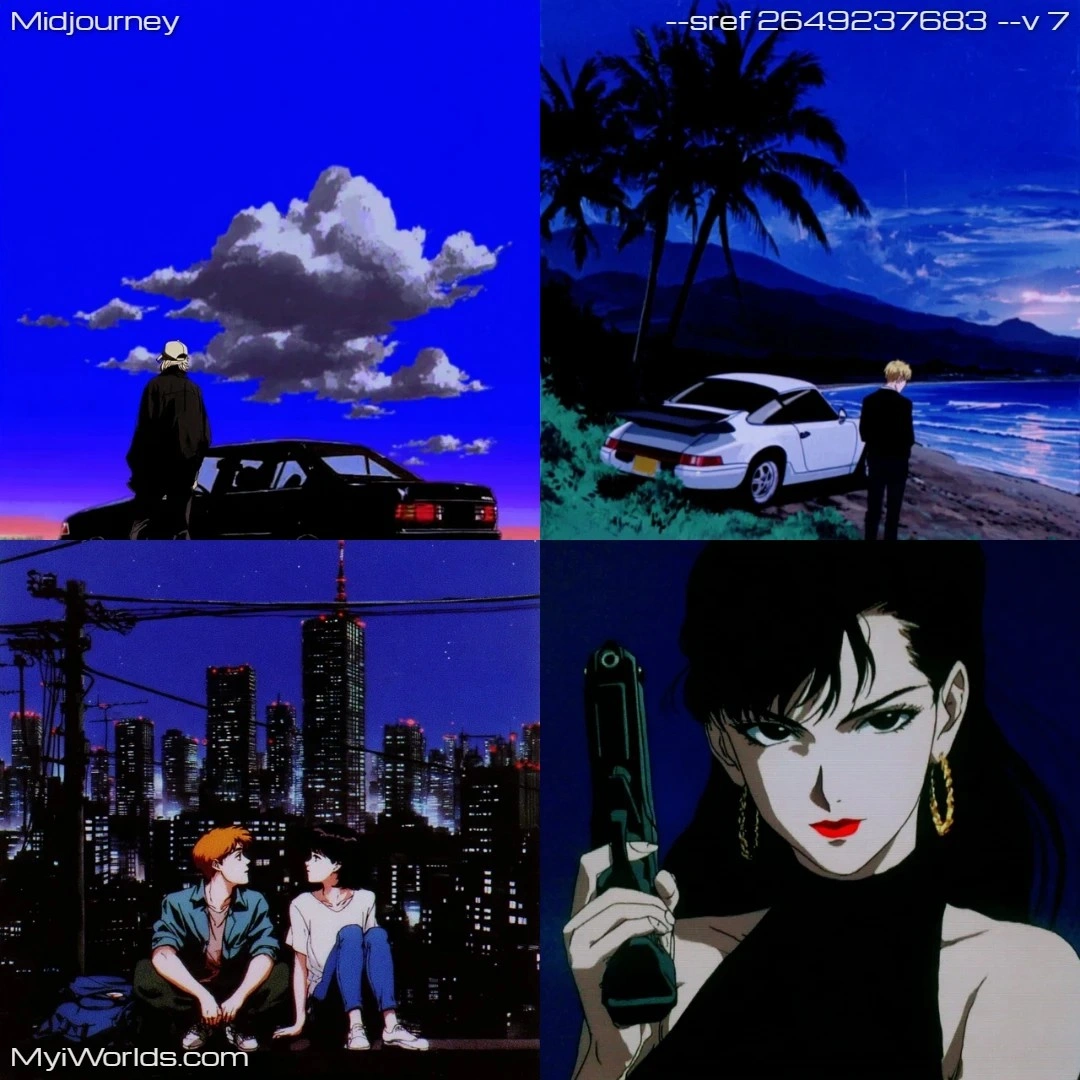 Stylized manga illustration with high contrast, featuring urban environments.