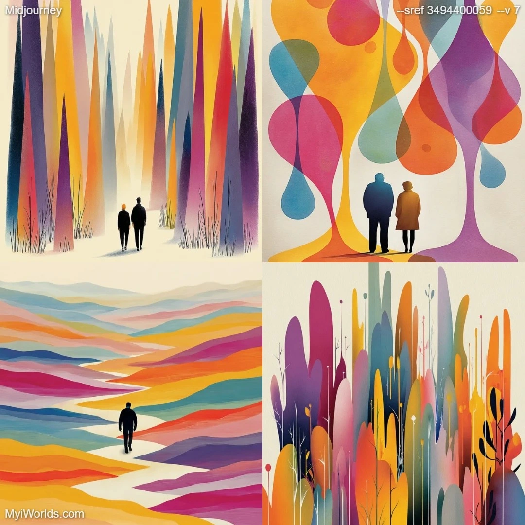 Expressionistic fluid line art with saturated colors.