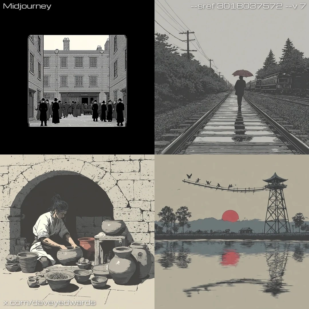 Monochromatic surrealistic art with textured narrative elements.