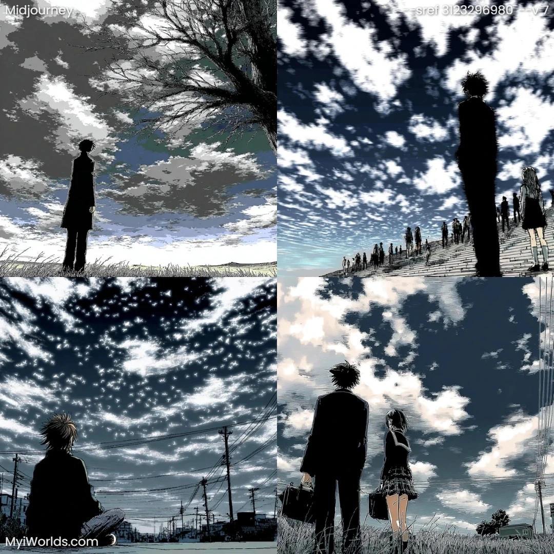 Manga-art-with-a-moody,-atmospheric-tone-featuring-dark-colors-and-cloudy-skies.