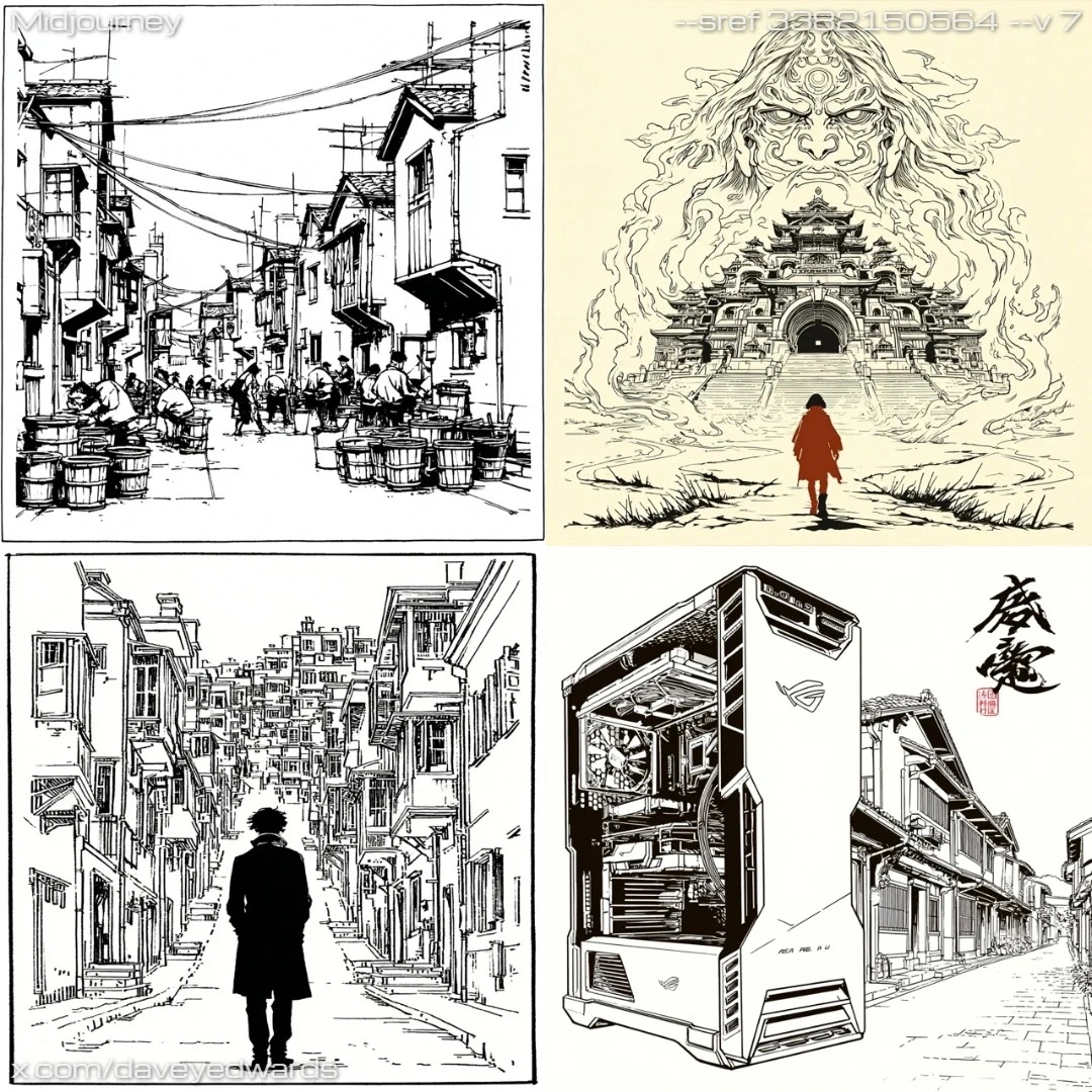 Monochromatic line art with detailed urban textures.