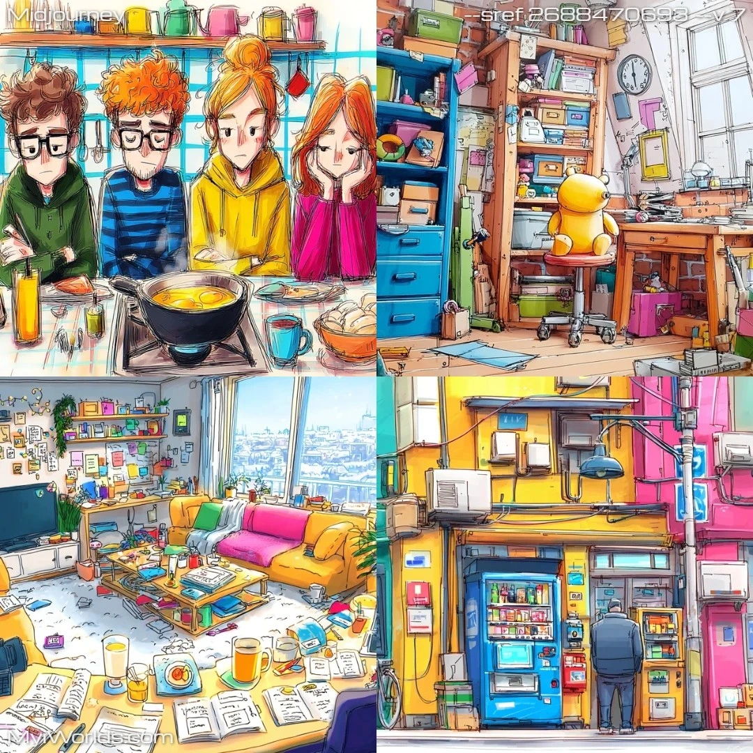 Cartoonish, colorful illustration with a textured and cluttered style.