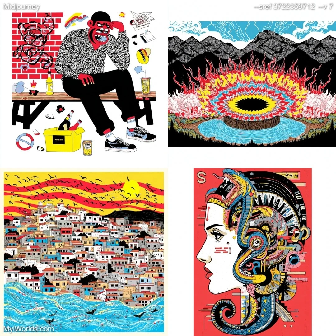 Cartoon-like artwork with vibrant colors, stylized and imaginative.