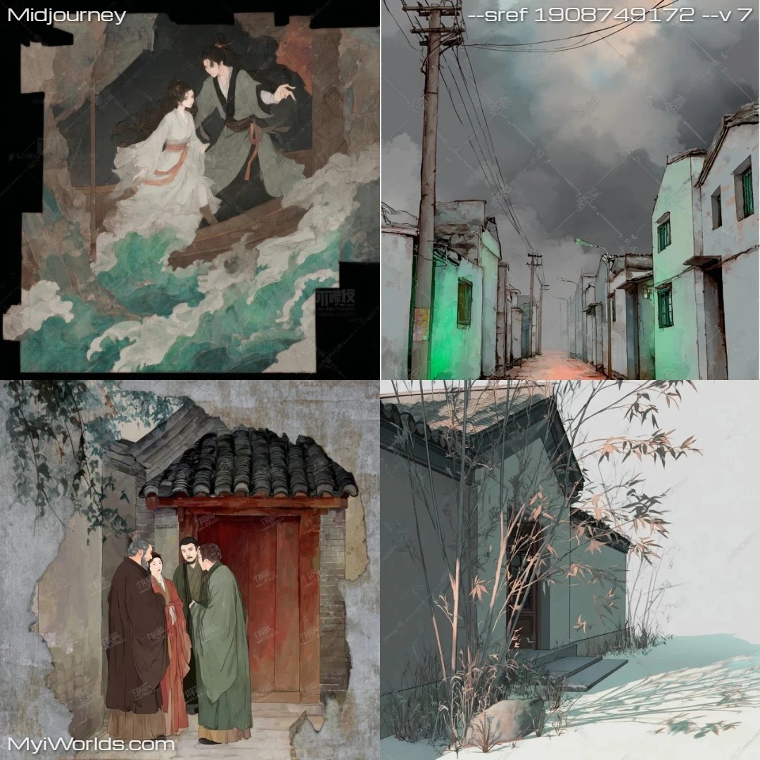 Illustrated scene with east-asian traditional mono-color palette.