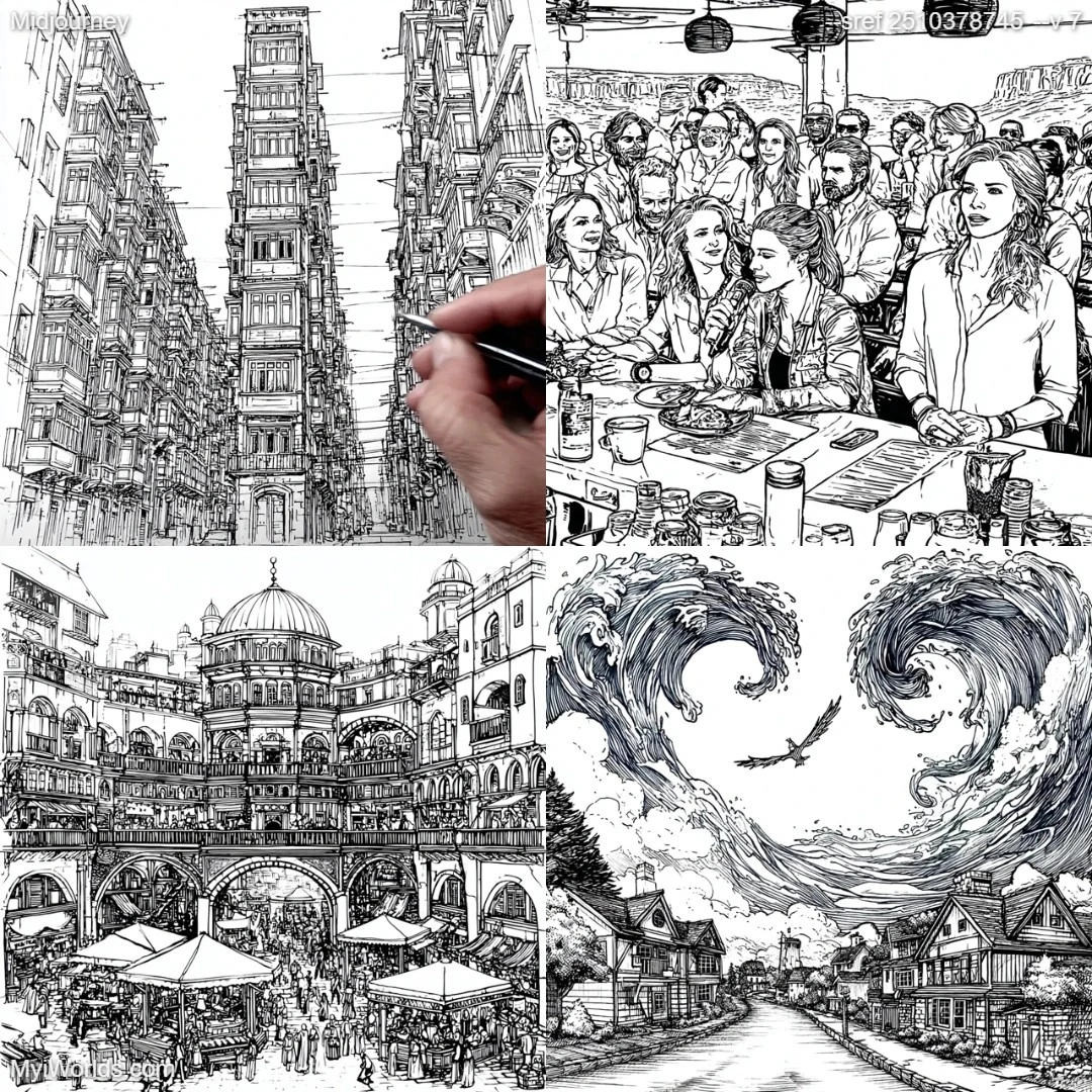 Black-and-white high-contrast urban scene with a sense of depth and architectural detail.