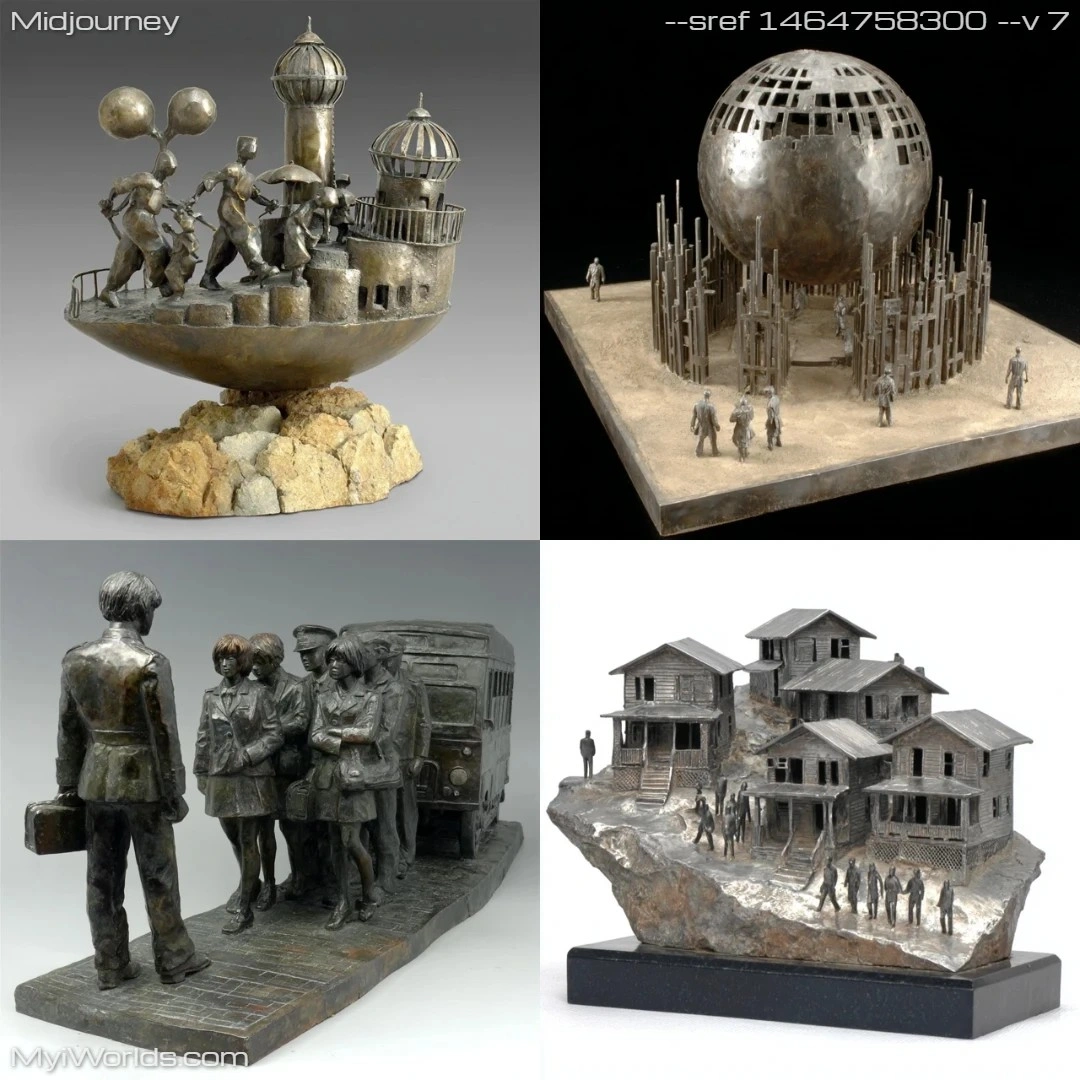 Realistic grey-scale sculpture with detailed, lifelike textures.