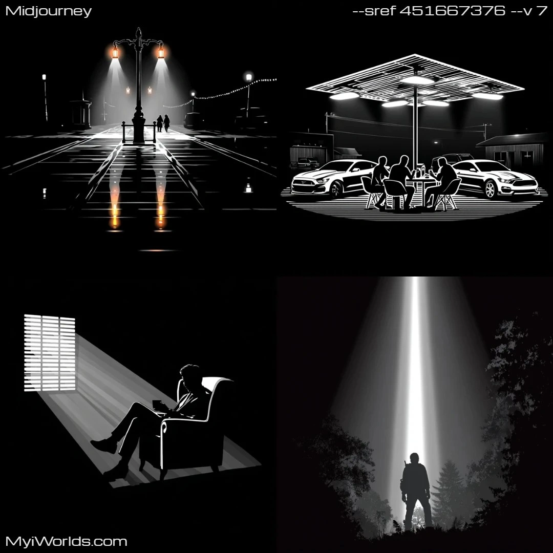 Surrealistic art with dark tones, emphasizing isolation and nocturnal atmosphere.