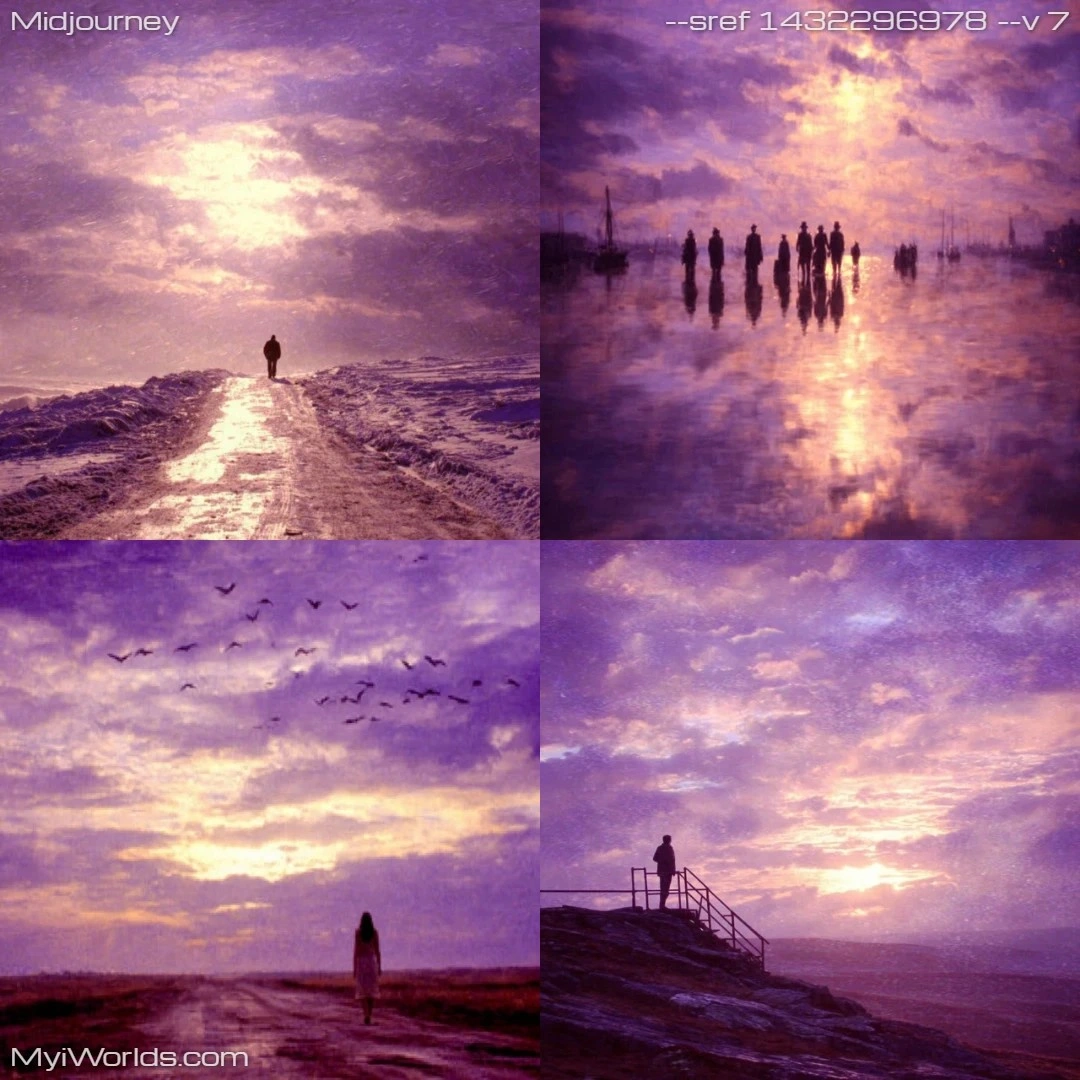 Realistic digital art with warm lighting, featuring a reflection of silhouetted figures.