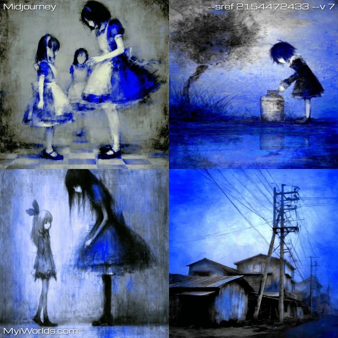 Monochromatic expressionist art featuring dark, moody silhouettes.