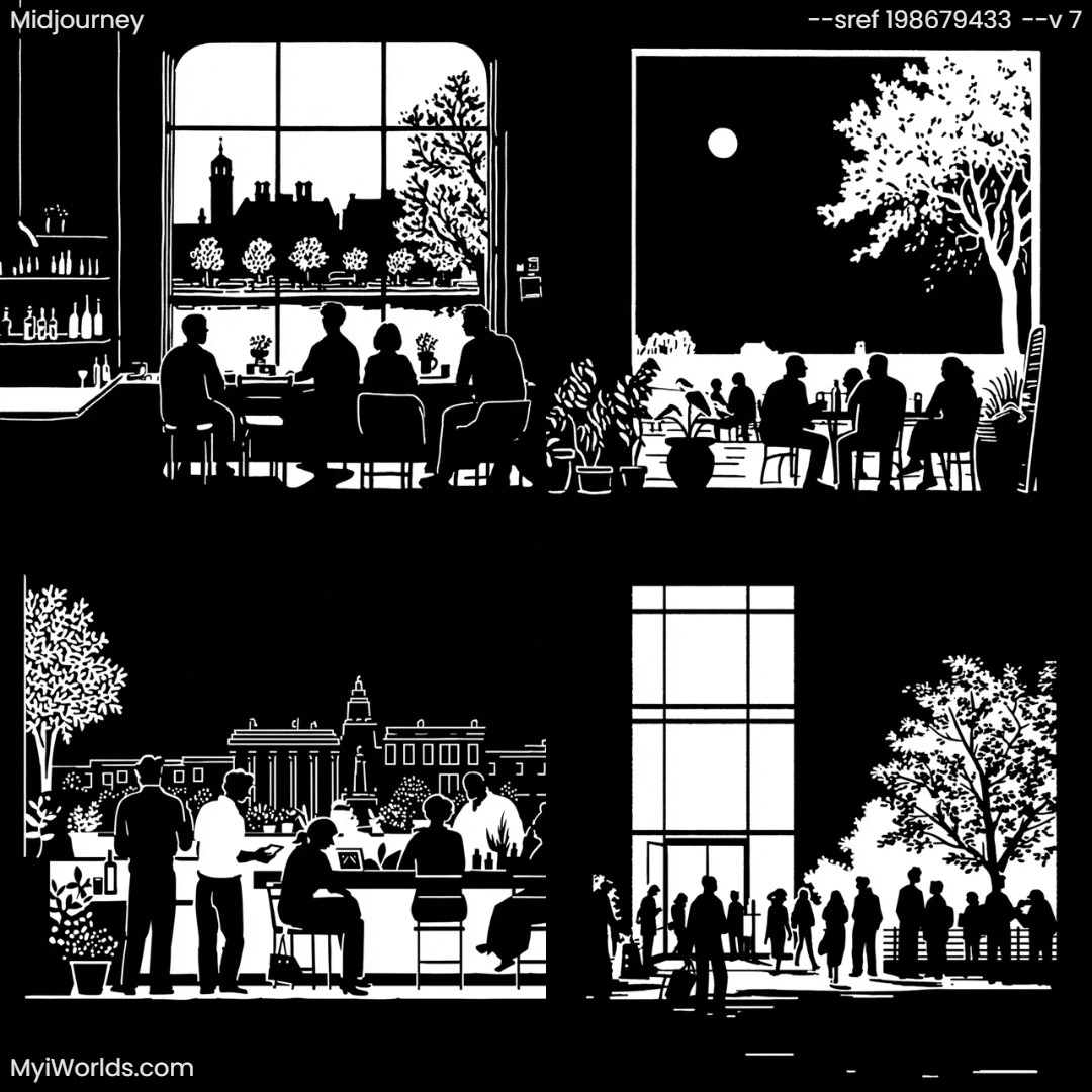 Monochrome-graphic-illustration-with-linear-perspective,-depicting-a-vibrant-urban-nightlife-scene.