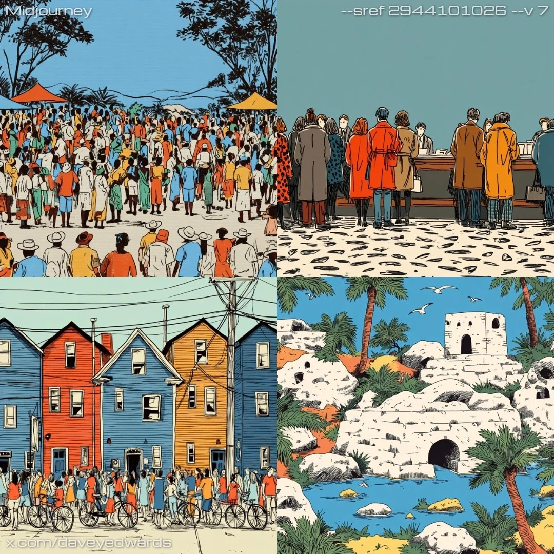Cartoon style illustration with a limited color palette, depicting an urban scene.