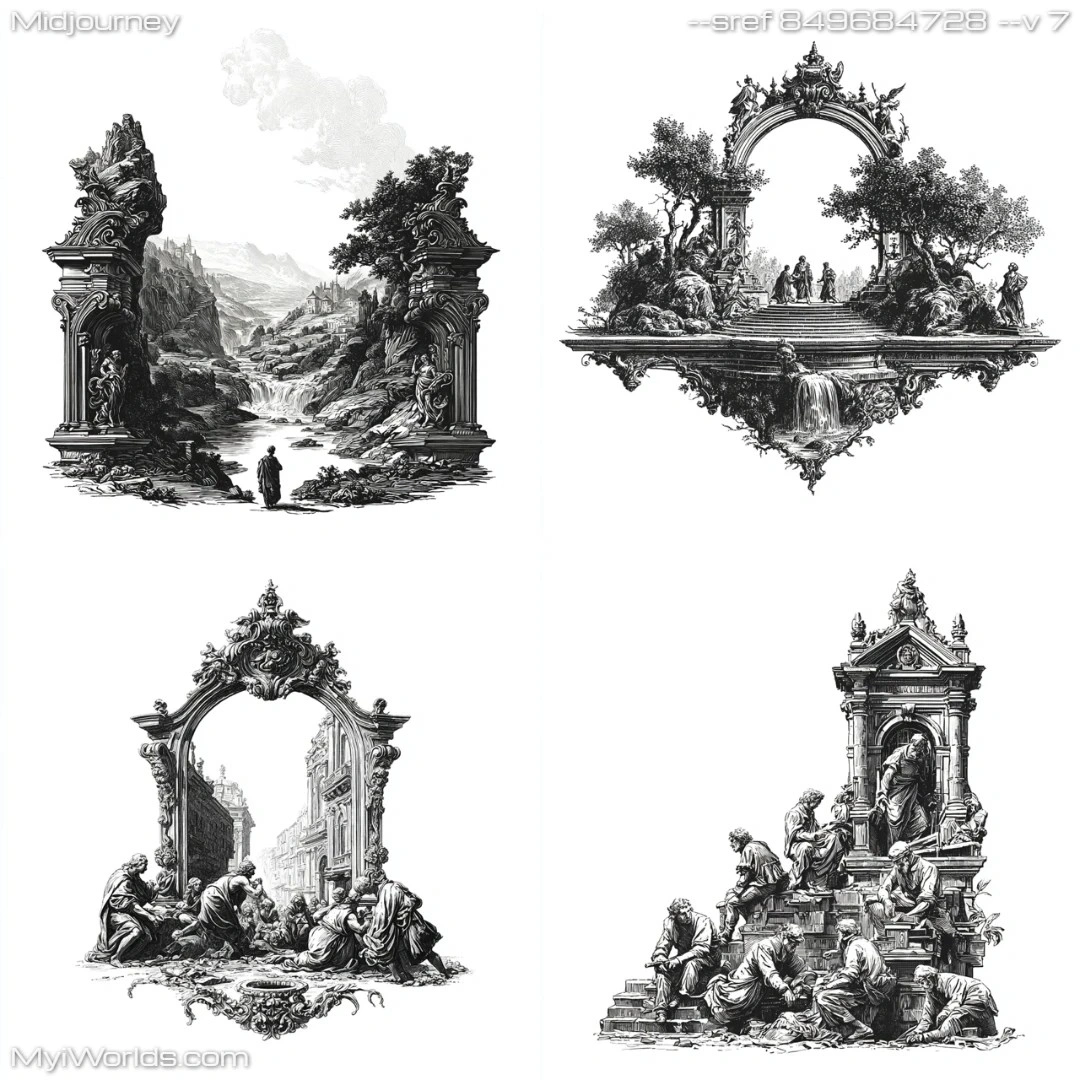 Monochromatic-architectural-detail-in-a-romantic-style,-showcasing-classical-arches-and-ruins.