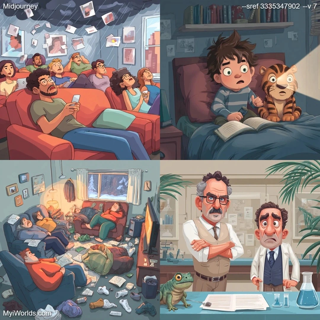 Cartoon style with a crowd scene depicted in colorful tones.