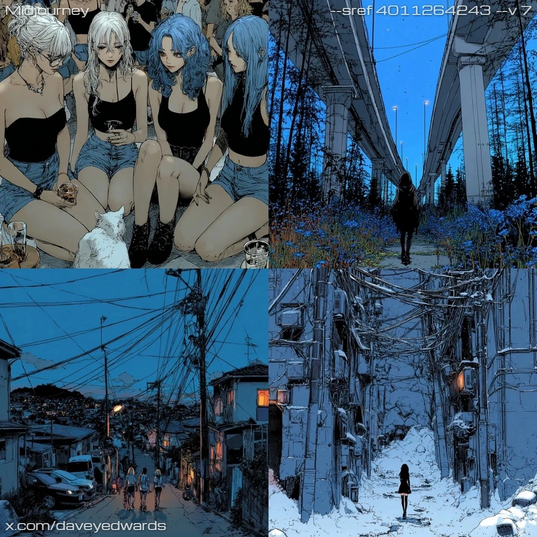 Urban realism with high contrast, utilizing a monochromatic color scheme of black, white, and blue.