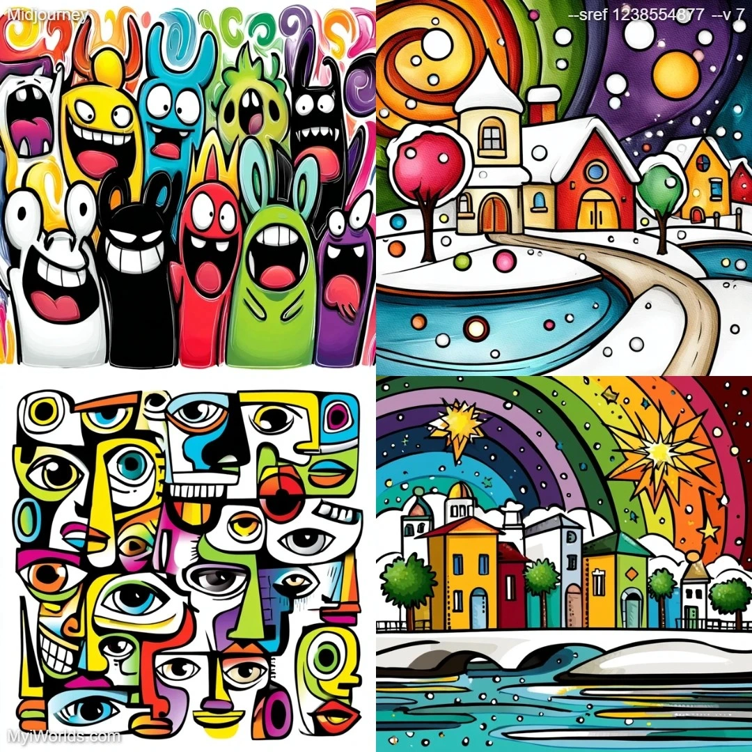 Cartoonish, colorful artistic expression with abstract features.