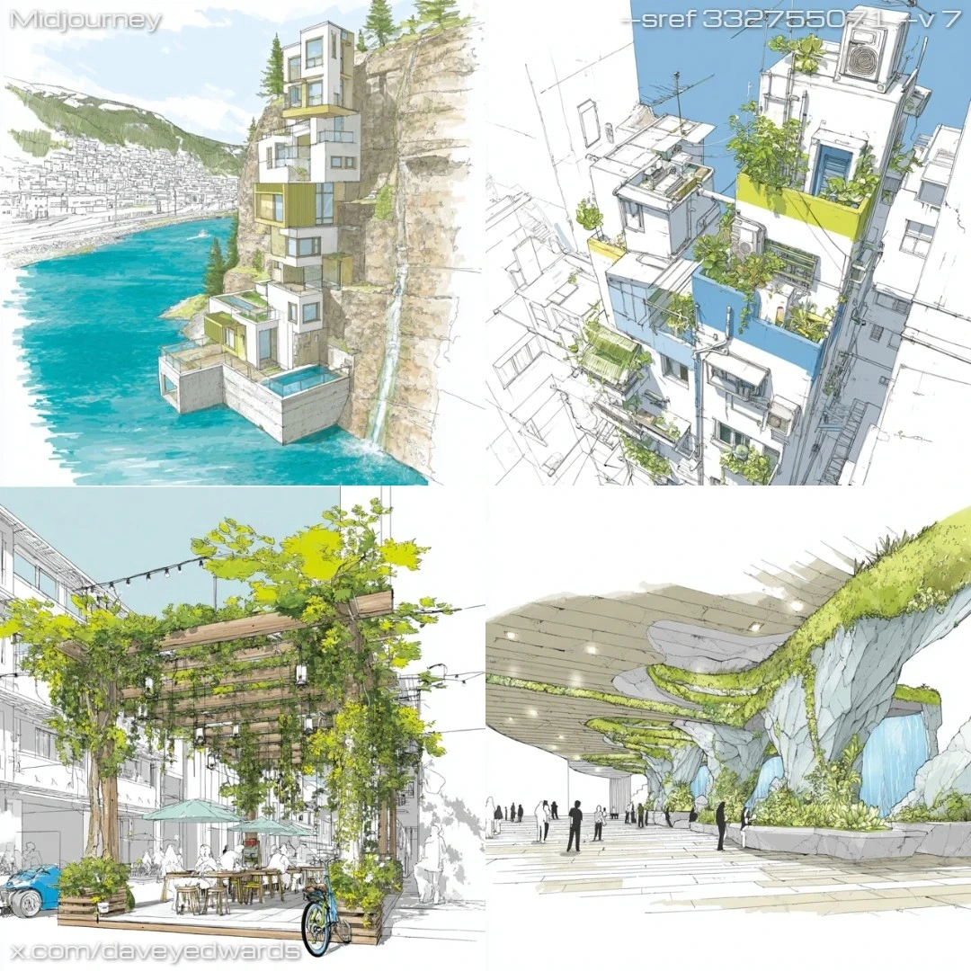 Sketch art with clean lines, emphasis on greenery integration and structural design elements.