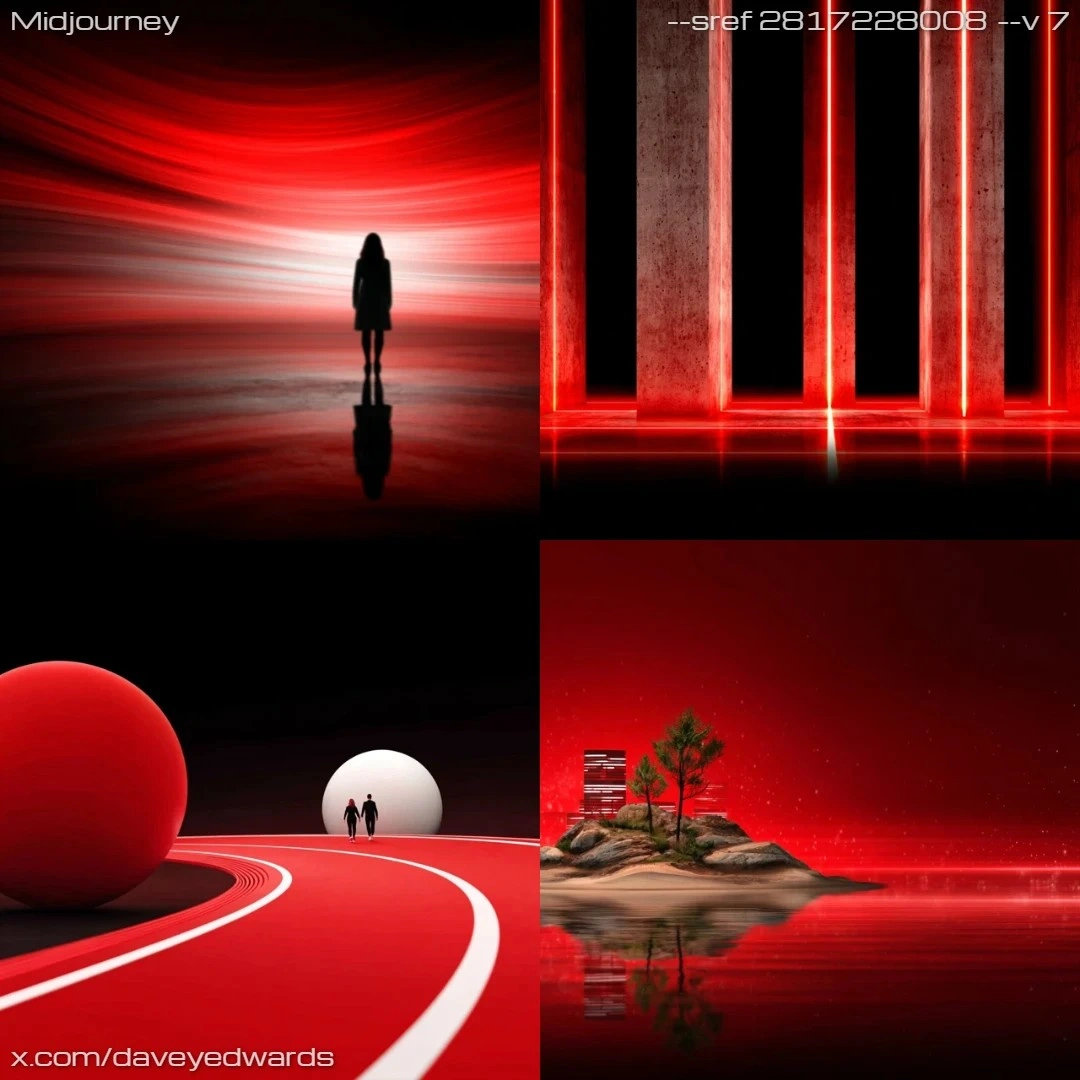 Photorealistic high-contrast minimalism with red and black tones.