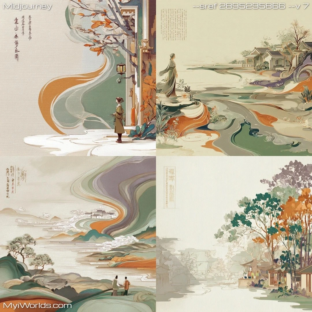 Traditional-painting-style-with-detailed-landscaping,-depicting-a-serene-natural-setting-under-cool-lighting.