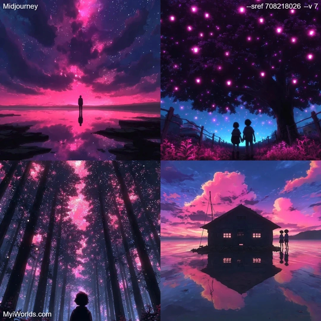 Manga-style night scene with high contrast between the pale violet sky and dark slate blue silhouetted characters.