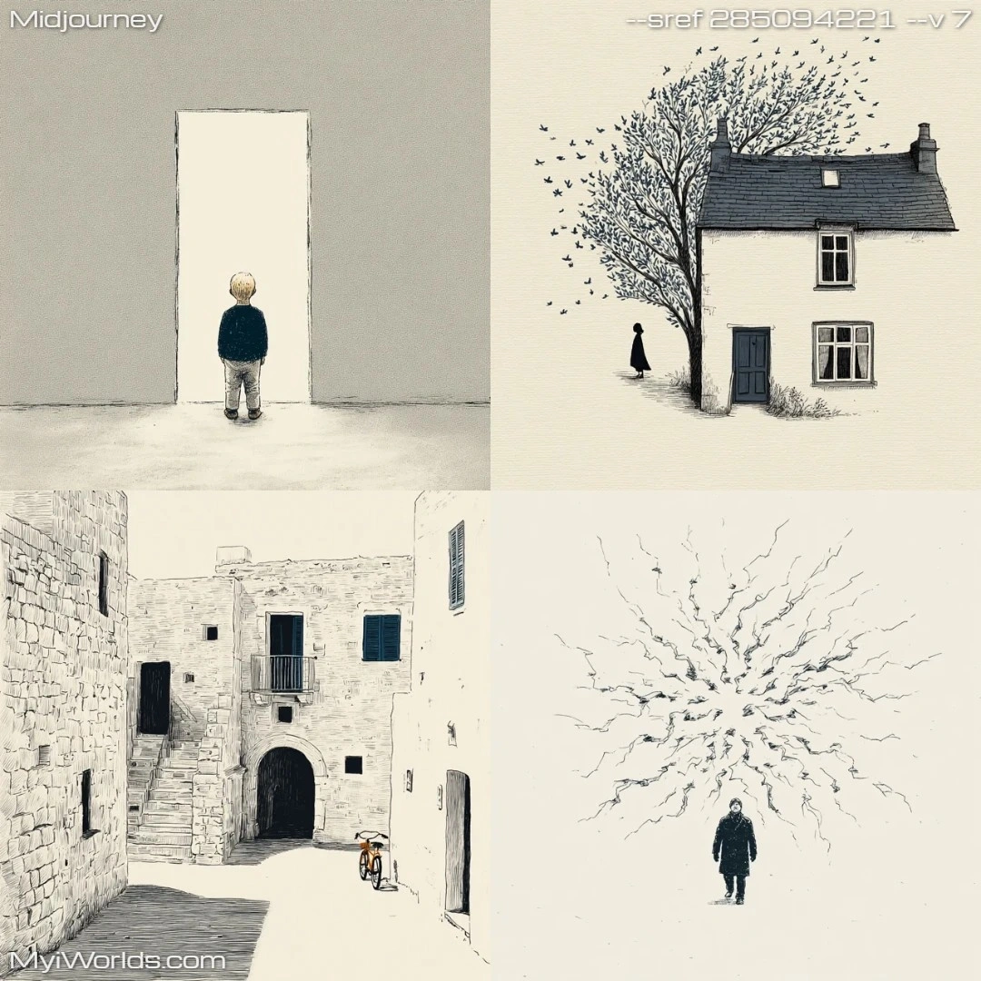 Mixed media art with textured layers and monochromatic color palette.