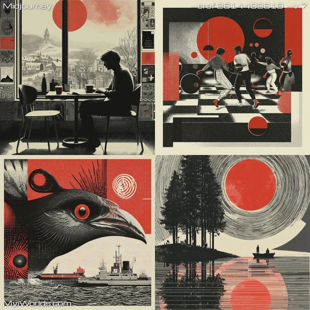 Modernist illustration with detailed linework, a limited palette of red and midnight blue, and a focus on geometric shapes.