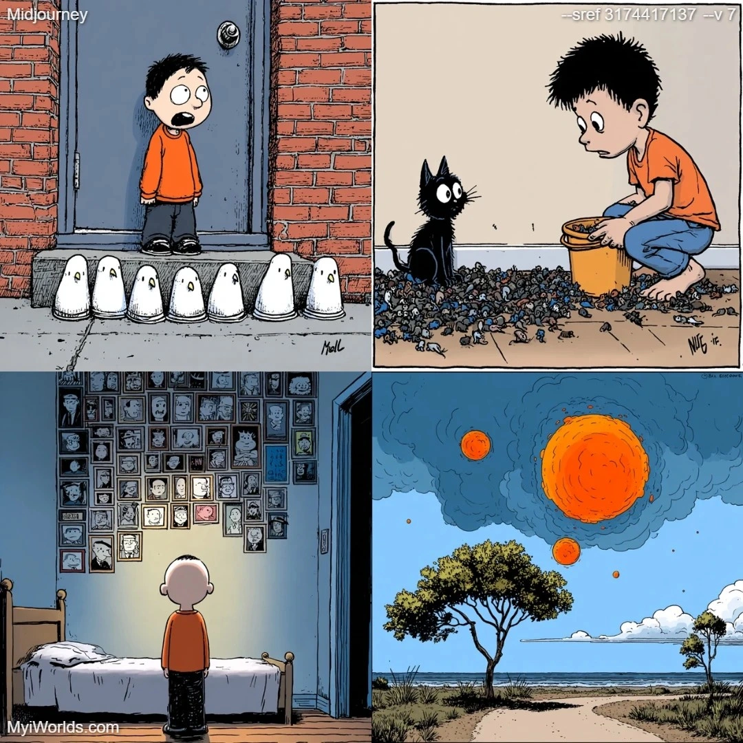Comic book art with flat, monochromatic colors, realistic proportions and linear perspective.