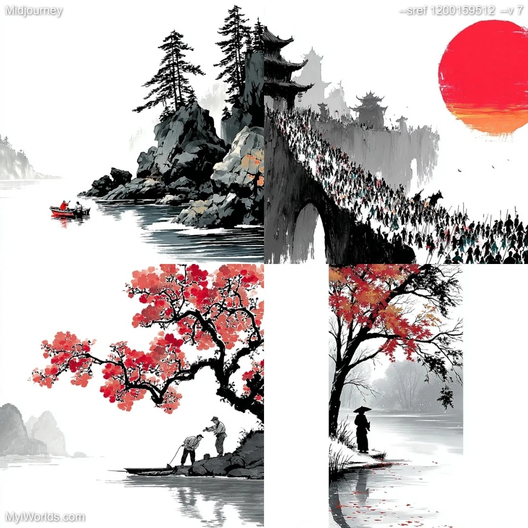 Ink wash landscape painting with high contrast and monochromatic color palette.