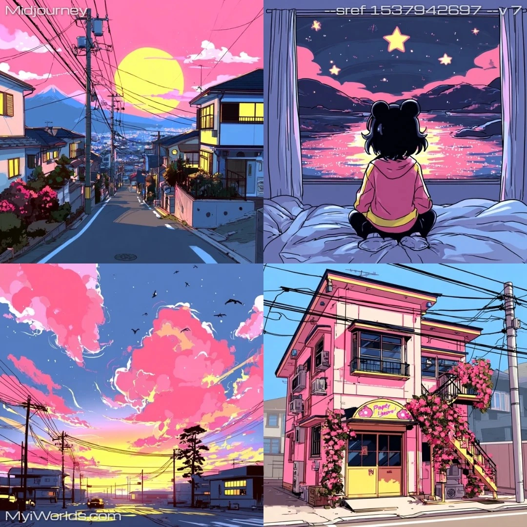 Dreamlike urban nightscape with warm tones and nocturnal atmosphere.