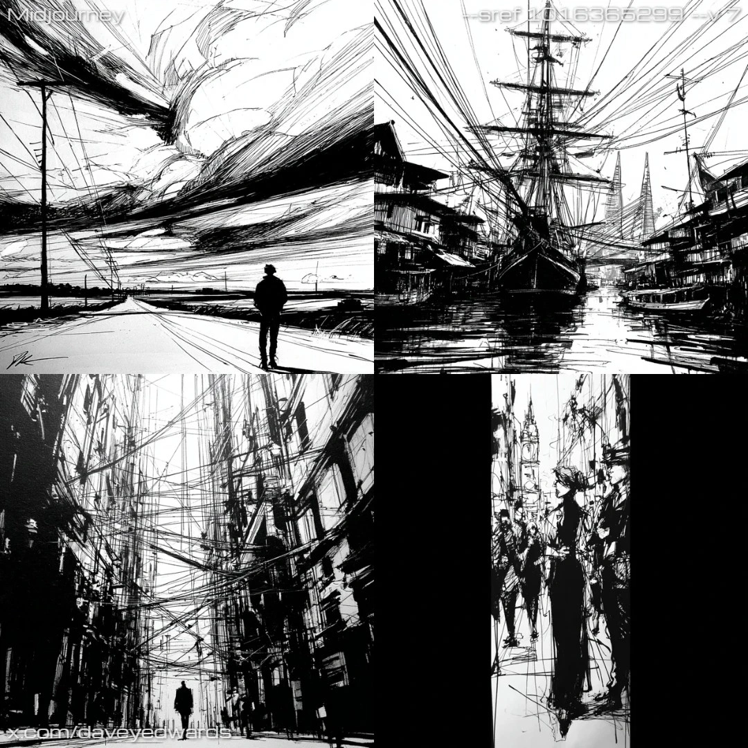 Monochromatic graphic illustration with high contrast, depicting a realistic scene.