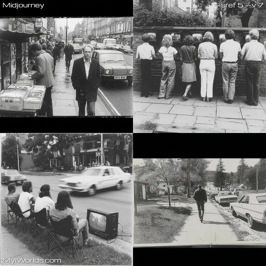 Black-and-white realistic street photography with a documentary feel.
