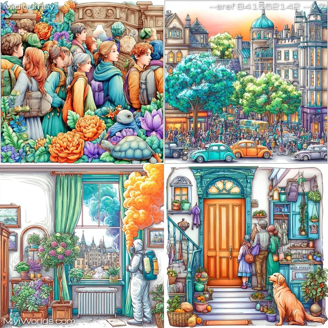 Stylized digital art with cartoonish illustration techniques, featuring bright colors and stylized architectural elements.
