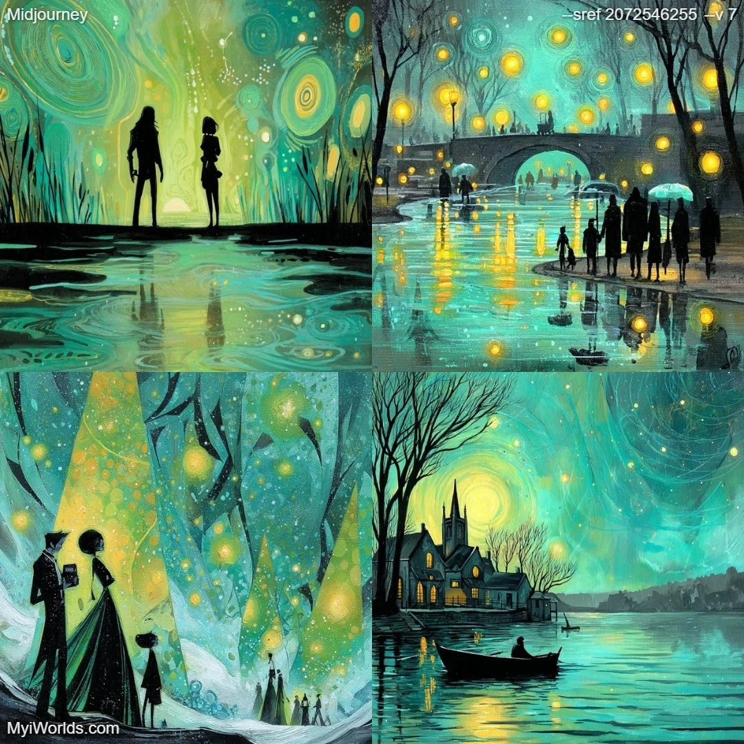 Fantasy watercolor painting with a moody, misty atmosphere.