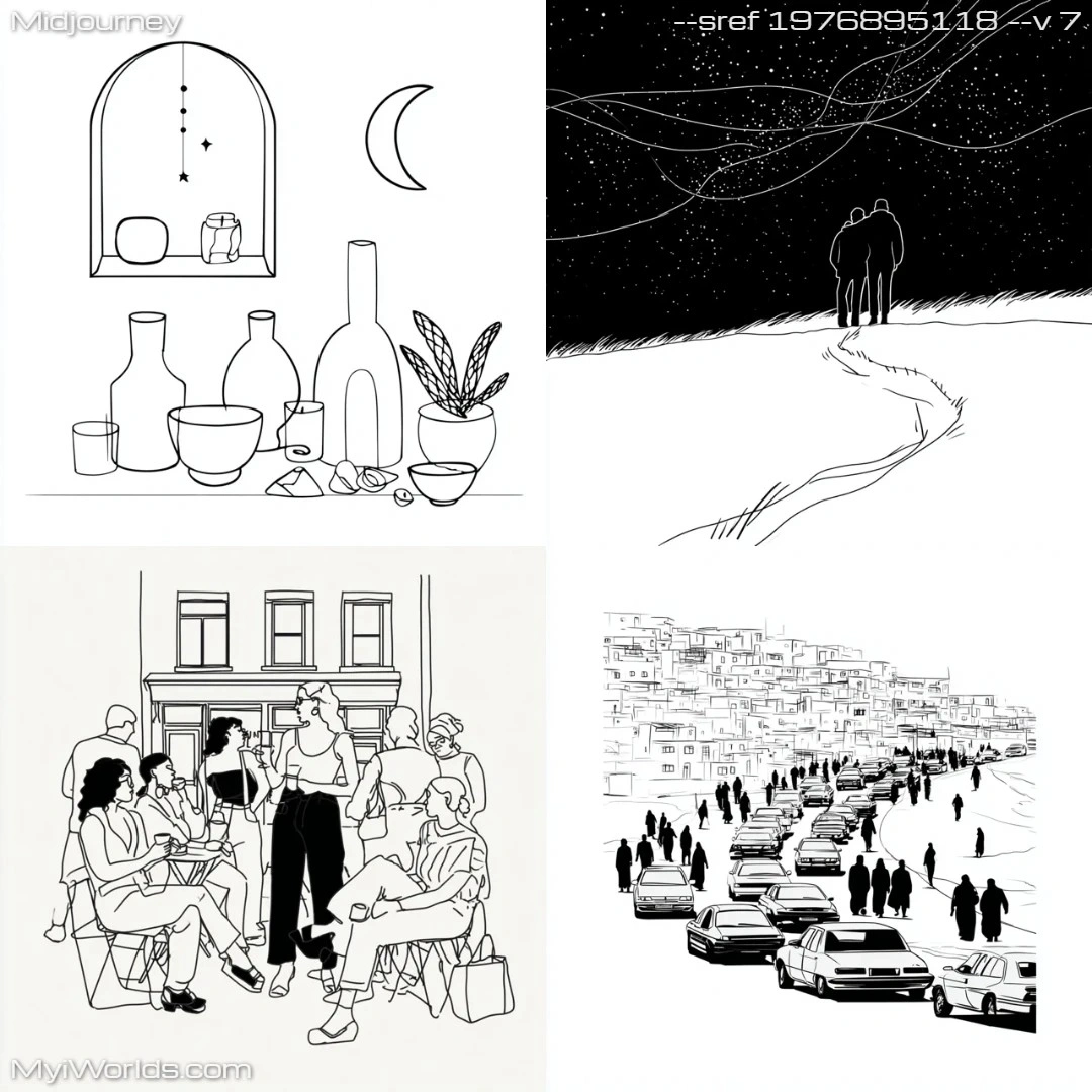 Black-and-white graphic illustration with a stylized, possibly comic art style.