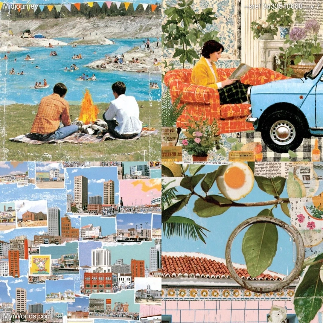 Vintage travel postcard collage with cut-outs of various scenes and textures.