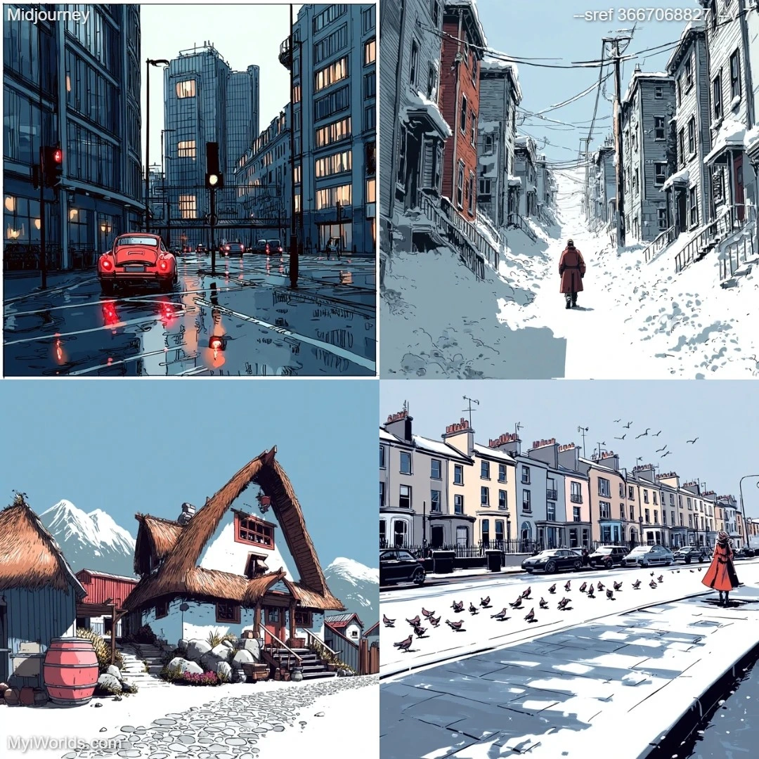 Urban art depicting a wet street during evening light, with a detailed cityscape.